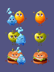Cute Cartoon Characters Food, Fruit and Water Elementals Expressing Emotions