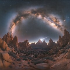 Milky Way arc over alien landscape