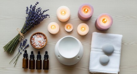 Spa aromatherapy items lavender candles salt oil diffuser stones towel