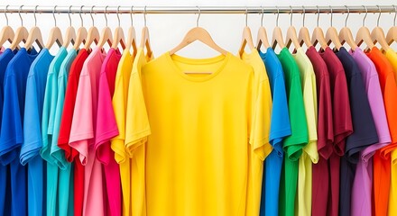 A row of colorful t-shirts hangs on wooden hangers against a white background. A bright yellow shirt is prominently featured in the center. The image suggests a variety of colors and options