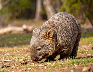 A young, furry marsupial eats vegetation on the ground in a natural, outdoor setting