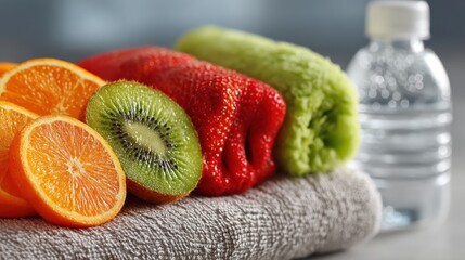 Fresh citrus, kiwi, bell pepper, and celery sit on a towel with a water bottle in the background, symbolizing healthy eating and hydration.