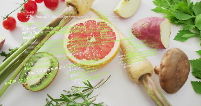 After first second code lines scrolling diagonally over grapefruit and produce showing digital data