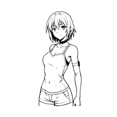Black and white hot anime character line art illustration, stylish minimal outline drawing in clean style
