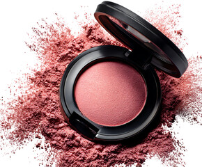 Pink blush powder in a compact.