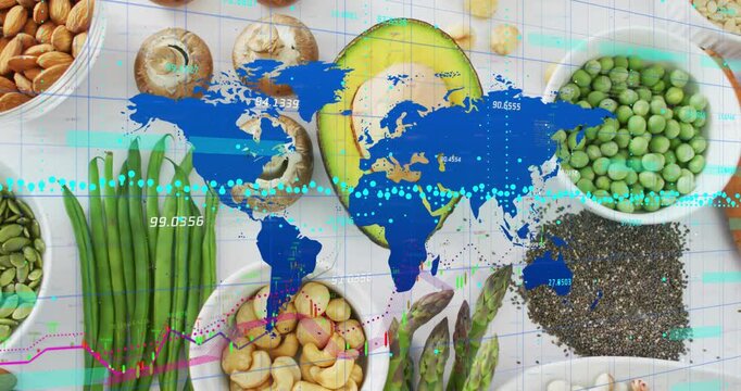 Fading in world map overlay moving data east west pulsing charts over produce showing global trends