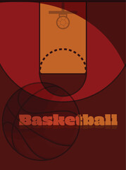 Basketball poster in red court with basket ball silhouette and hoop