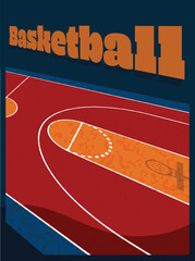 Basketball court poster in red and blue background with hoop silhouette vector illustration