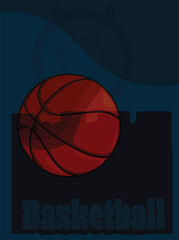 Basketball poster in blue background with basket ball and silhouette hoop