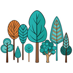 a diverse set of stylized trees in teal and brown .eps