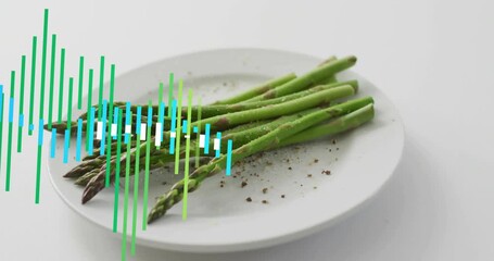 Sound starting pulsing waveform bars across plate, syncing asparagus spears to audio rhythm - Powered by Adobe