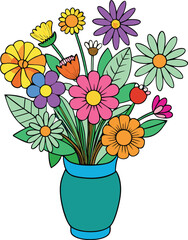a colorful bouquet of wildflowers in a teal vase a.eps