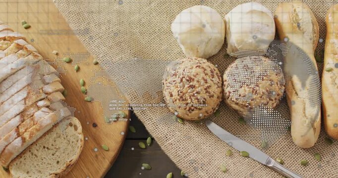 At start camera panning zooming out over bread assortment revealing sliced loaf for bakery display