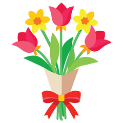 a bouquet of red tulips and yellow daffodils with .eps