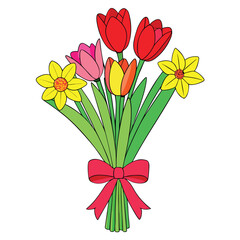 a bouquet of red tulips and yellow daffodils with  (1).eps