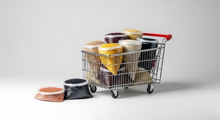 A miniature shopping cart overflowing with various types of grains and legumes in sealed plastic bags. Some bags spill onto the floor, suggesting abundance or bulk purchase.