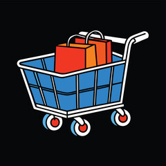 a black and blue shopping cart with a small red ba.eps
