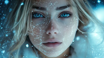 Young blonde woman with blue eyes in white futuristic outfit, face covered in glowing crystals & lines, against snowy and illuminated space background, cinematic sci-fi style