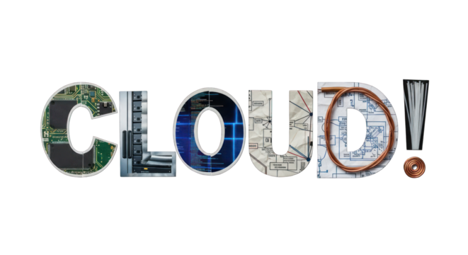 Cloud Computing Technology Collage: Circuit Boards Code and Wiring.