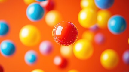 Colorful, glossy spheres levitating on an orange background.