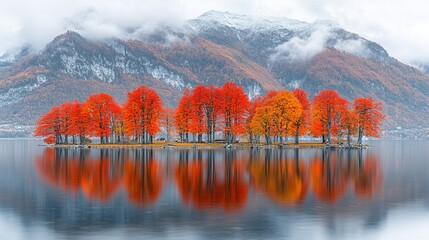 Autumn Lake Landscape: Colorful Forests Reflected in Calm Water, Mountain Mist Creating Fall Atmosphere, Suitable for Scenery Decoration and Seasonal Theme Design