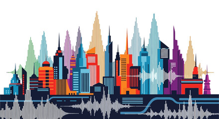 Obraz premium Colorful city skyline illustration representing urban sound waves and vibrant architecture.