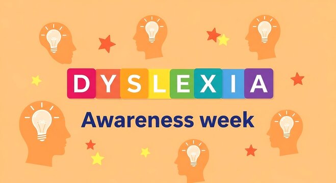 Dyslexia awareness week celebrated with colorful text and head icons symbolizing learning
