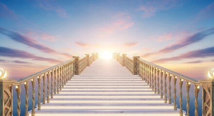 Obraz premium A grand staircase ascends into a bright sunlit sky with scattered clouds