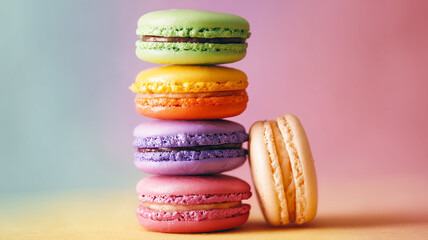 Stacked colorful macaron tower on a pastel backdrop food sweet dessert