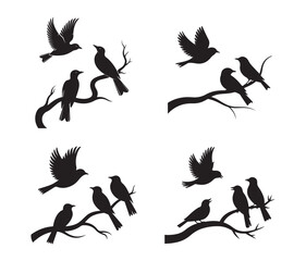 Bird silhouettes flying and perched on branches, vector illustration set