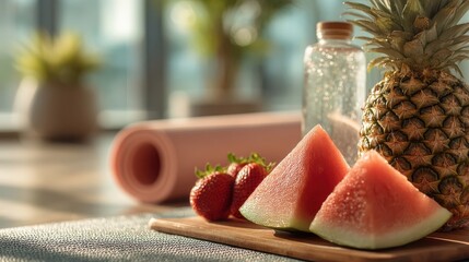 Fresh watermelon slices, strawberries, and a pineapple sit on a cutting board next to a yoga mat and water bottle in a sunlit room.