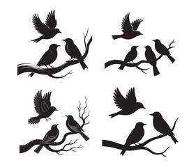 Obraz premium Bird silhouettes flying and perched on branches, vector illustration set