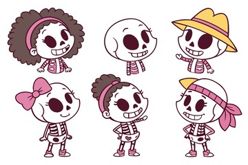 Cute collection of cartoon skeleton characters with various accessories, illustration