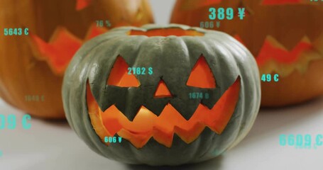 On playback carved gray pumpkin glowing while teal currency values sliding, fading visualizing data - Powered by Adobe
