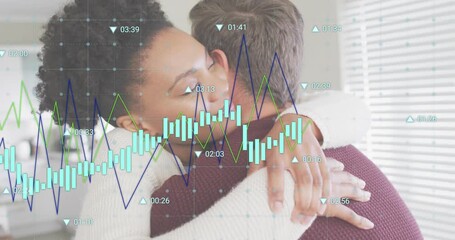 woman embracing man and activating animated tech charts numeric markers showing comfort levels - Powered by Adobe