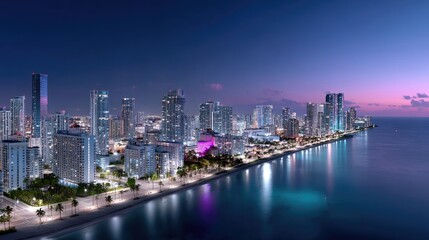 Fototapeta premium Aerial View of Illuminated Cityscape at Night with Coastal Reflection and Vivid Skyline in Dark Blue and Pink Hues