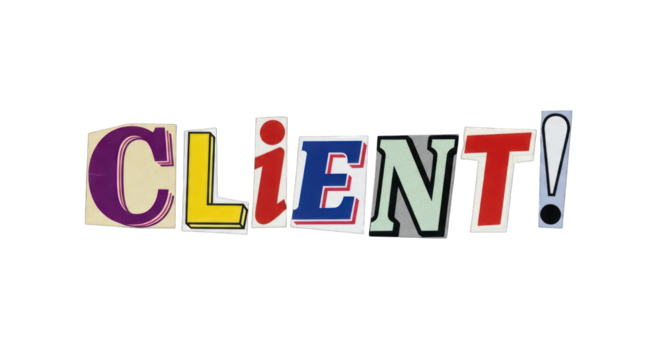 Colorful CLIENT Word Collage on White Background.