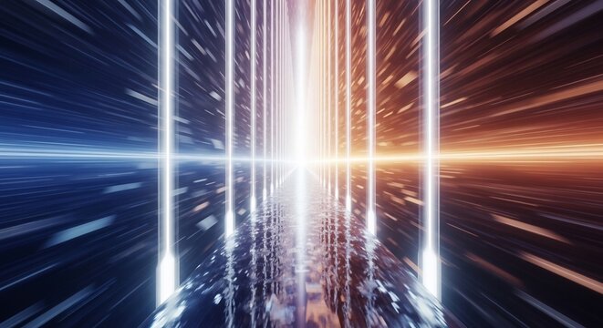 Abstract light tunnel with vertical glowing lines and speed streaks