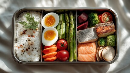 A neatly arranged bento box with rice, boiled eggs, asparagus, cherry tomatoes, carrots, salmon, broccoli, beets, and other fresh vegetables and fish.