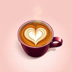 Coffee cup with heart-shaped latte art on creamy surface against light pink background