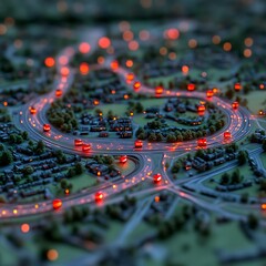Miniature city model at night, showing roads and buildings with glowing red lights
