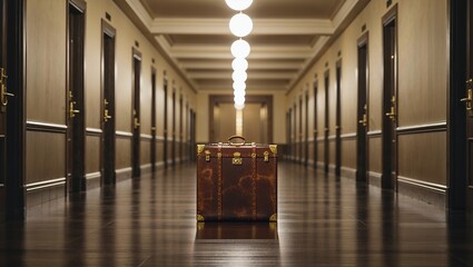 Vintage Leather Suitcase in Luxurious Hotel Corridor, Travel and Accommodation Concept