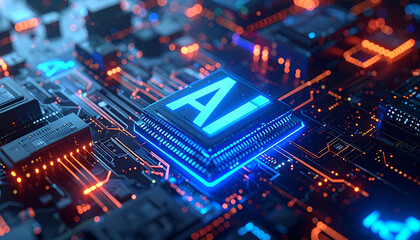 Fototapeta premium AI Chip on Circuit Board with Glowing Pathways, Artificial Intelligence Technology Concept on Modern Computer Chip