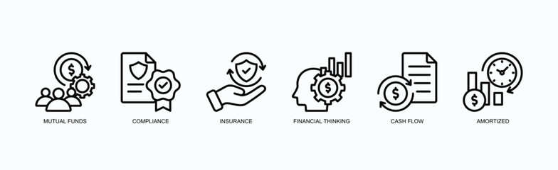 Prudent Portfolios Icon Set Isolated Vector Illustration Concept With Icon Of Mutual Funds, Compliance, Insurance, Financial Thinking, Cash Flow, Amortized,  In Outline Style