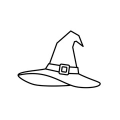 Outline illustration of a classic witch hat with curved tip, perfect for Halloween themes, party invitations, spooky designs, web graphics, and seasonal marketing materials.