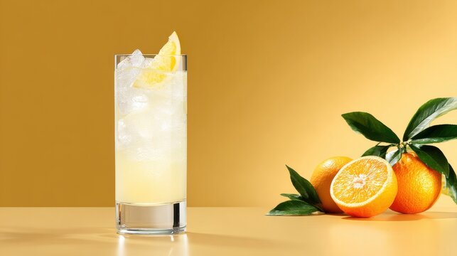 Refreshing Citrus Beverage with Ice and Fresh Oranges in Background