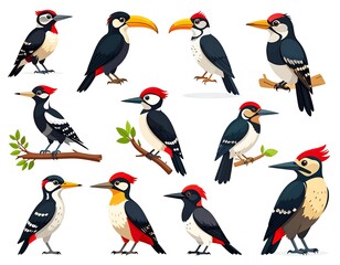 Obraz premium Twelve illustrated woodpeckers in various poses and colors, set against a white background