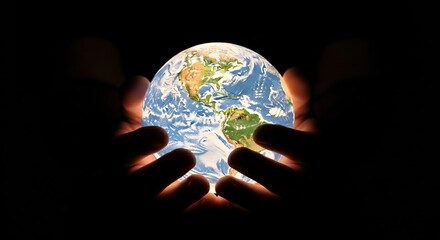 Hands cradling a glowing Earth in darkness