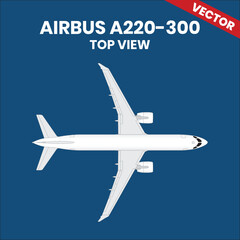 Line drawings of Airbus A220-300 aircraft top view with two jet engine 