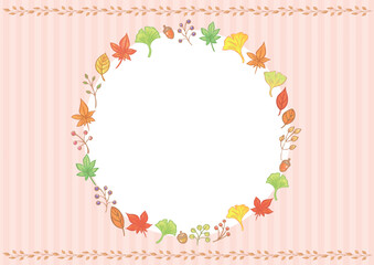 Hand drawn autumn frame illustration with pink background and white circle